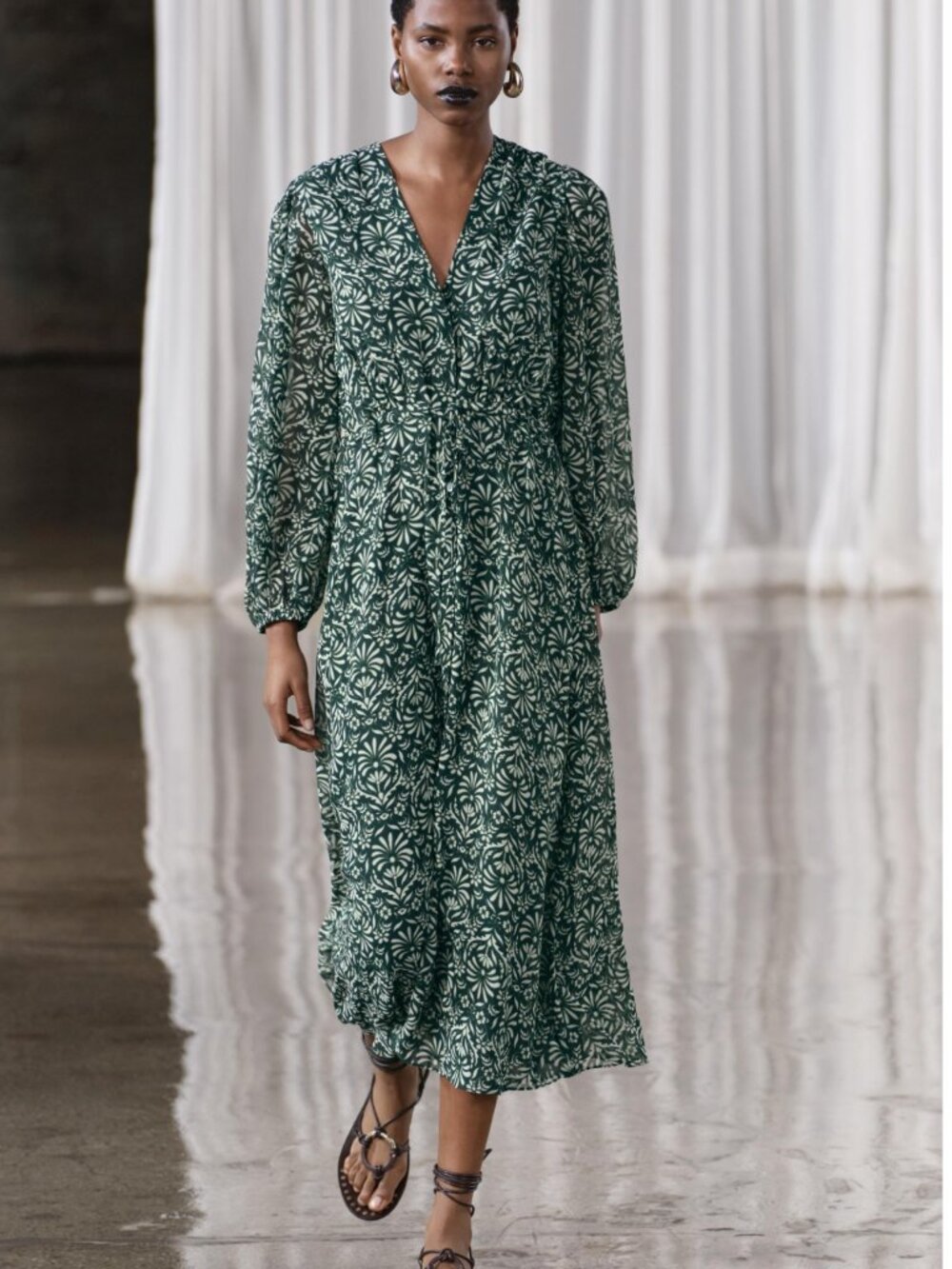 Zara Green & Cream Printed Belted Maxi Dress XS NWT